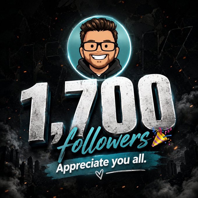 The image features a man wearing glasses, with his face displayed prominently against a black background. The text "1.7K followers" is written below him, indicating that he has reached 1.7K followers on X Appreciate you all. The caption further explains that this number represents the total number of likes and shares for an image posted by the user.