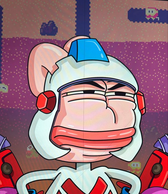 A cartoon character wearing a white helmet with red accents, displaying an unimpressed or skeptical facial expression, set against a pinkish pixelated background with small floating creatures.