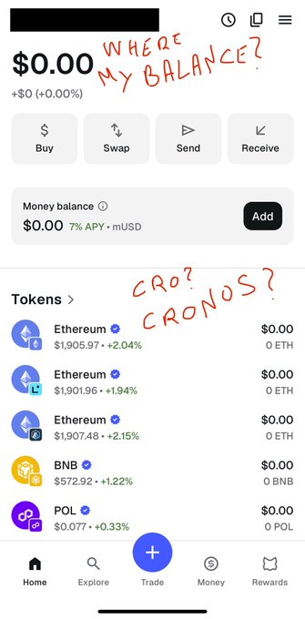 A MetaMask wallet home screen showing a $0.00 balance with red handwritten annotations reading "WHERE MY BALANCE?" at the top and "CRO? CRONOS?" near the tokens list, which displays Ethereum, another Ethereum entry, BNB, and POL—all with $0.00 balances—illustrating the user's frustration that their $CRO balance isn't visible despite Cronos being a supported network.