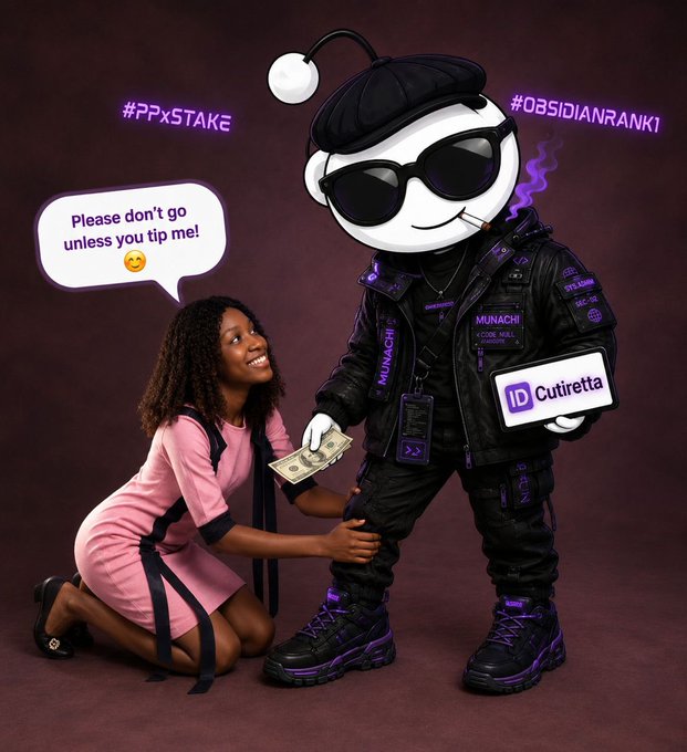 A promotional illustration features a cartoon mascot character dressed in black leather with sunglasses and a beret, holding cash next to a kneeling woman; text includes '#PPXSTAKE', '#OBSIDIANRANK1', and 'Cutiretta'.