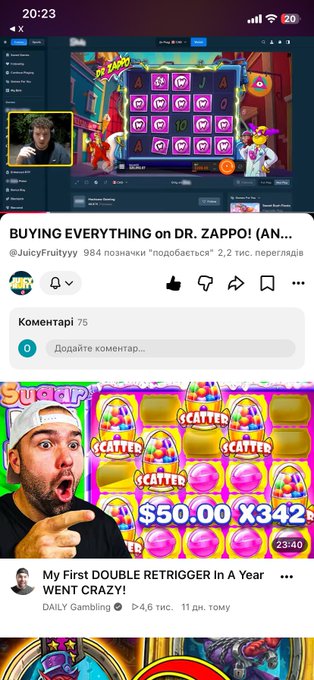 A screenshot of a YouTube Shorts page showing a video of a man playing a slot game called "Dr. Zappo," titled "BUYING EVERYTHING on DR. ZAPPO!" by user @JuicyFruityyy, with a Russian language interface.