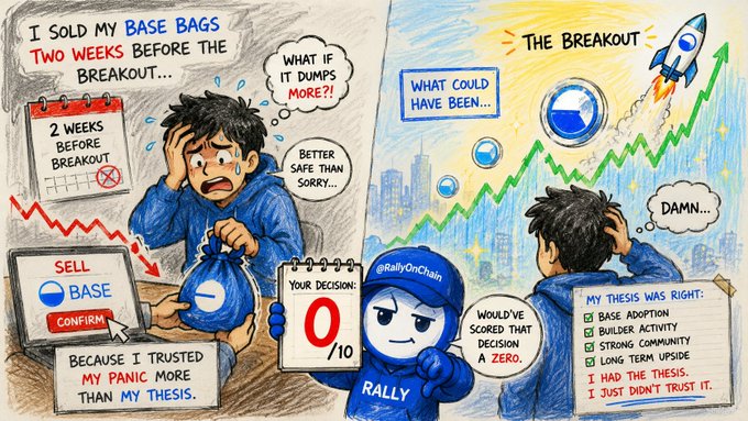 The image features a cartoon illustration of three boys with blue hats holding bags labeled "Base bags", "The Breakout", and "The thesis". The boys are shown in different stages, with one boy looking worried or scared while another appears excited about their plans for the future. The boys' actions and expressions convey a sense of urgency and excitement as they prepare to embark on their respective journeys.

In the background, there is a city skyline visible through a window, adding depth to the scene. The image also includes text that reads "I sold my Base bags two weeks before the breakout because I trusted my panic more than my thesis, and @RallyOnChain would've scored that decision a zero." This text connects the cartoon illustration with a real-life situation involving the boys and their decisions about selling base bags.