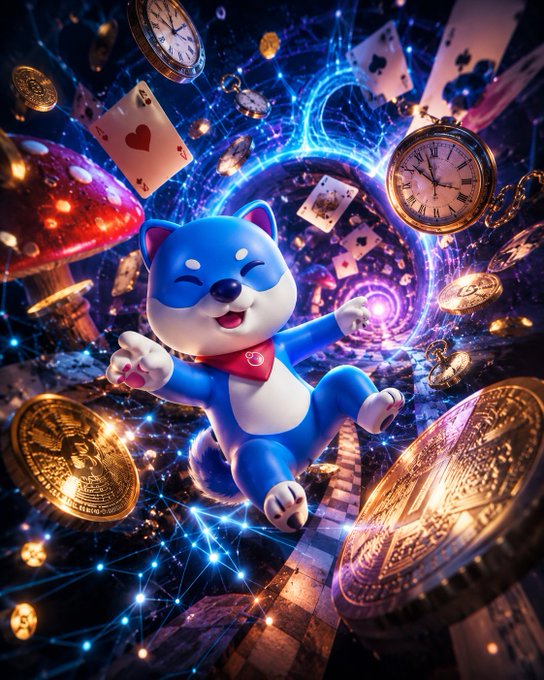 A cheerful blue Shiba Inu-style cat character wearing a red bandana leaps joyfully through a magical portal surrounded by floating gold coins, pocket watches, playing cards, and a glowing mushroom, capturing the whimsical descent referenced in the caption's "down the rabbit hole" Alice in Wonderland theme tied to the 75th anniversary and the $VINU token.