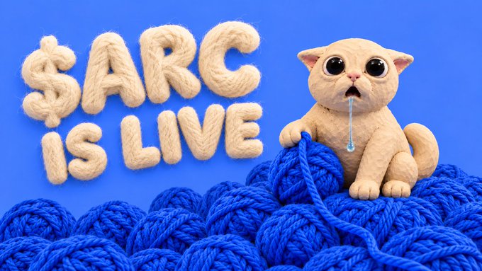 A 3D-rendered promotional graphic with the text '$ARC IS LIVE' in yarn-like lettering, featuring a crying cartoon cat sitting on a pile of blue yarn against a blue background.
