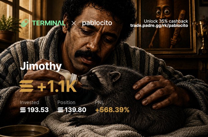 The image shows a promotional ad for Terminal × pablocito featuring a mustached man named "Jimothy" bottle-feeding a civet (referencing "Pablito," a crypto meme coin), with stats showing +$1.1K PNL (+568.39%) and text offering 35% cashback via trade.padre.gg/r/pablocito.

The accompanying caption humorously celebrates the trader's modest gains on the Pablocito meme coin (featuring the civet) as a "mini moonbag" hedge against further volatility, with the image's "+1.1K PNL" and "+568.39%" visually reinforcing the profitable trade mentioned in the post.