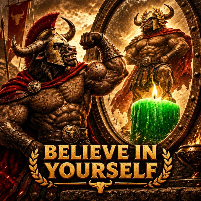 A motivational fantasy illustration shows a muscular minotaur warrior in armor and red cape looking at his reflection in a mirror, with a green candle burning below the bold text "BELIEVE IN YOURSELF".