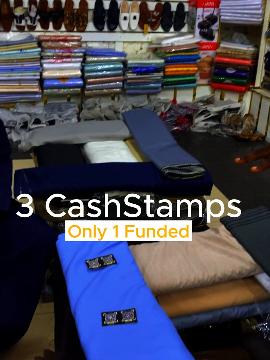 The image shows a clothing store with various types of clothes displayed, including shirts, pants, and shoes. There are at least 13 different colors of fabric visible in the scene. The text "3 CashStamps Only 1 Funded" is written on the image, indicating that customers can purchase three cashstamps for one fund, which will be used to purchase items from this store.