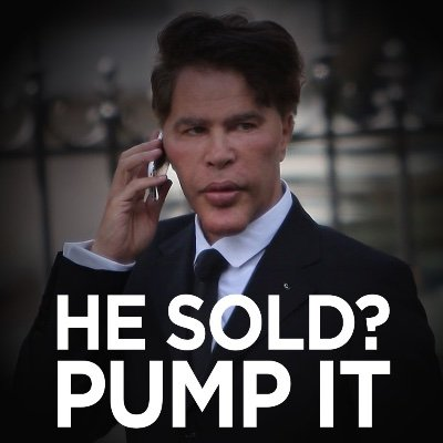 A man in a dark suit holds a phone to his ear with a serious expression, overlaid with bold text reading "HE SOLD? PUMP IT." The image humorously captures the shocked, reactionary sentiment toward Strategy (formerly MicroStrategy, ticker $MSTR) reportedly offloading 3,588 BTC from its holdings.
