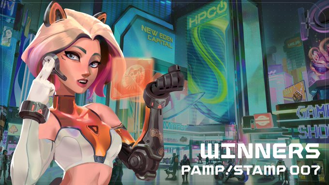 Cyberpunk-style illustration of a female character with pink and white hair and cat ears, set against a neon cityscape labeled 'NEW EDEN CAPITAL', with text reading 'WINNERS PAMP/STAMP 007'.