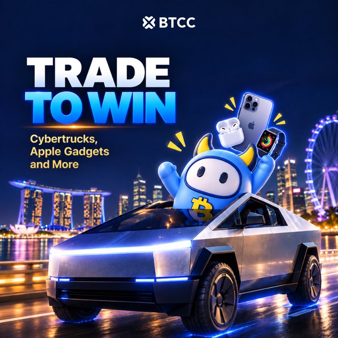 A promotional advertisement for BTCC cryptocurrency exchange featuring a Cybertruck with a blue Bitcoin mascot and prizes including iPhones and smartwatches.