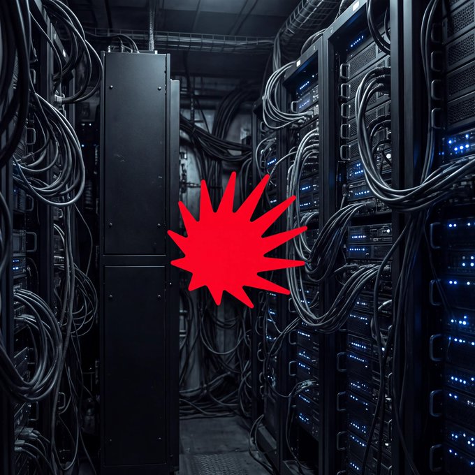 A photograph of a dark server room with rows of black server racks connected by numerous cables, with blue indicator lights visible and a red starburst/splatter graphic overlaid in the center.
