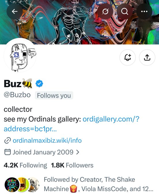 A Twitter/X profile page for 'Buz' (@Buzbo) with a verified checkmark, describing themselves as a 'collector' and linking to 'ordigallery.com/?address=bc1pr...' and 'ordinalmaxibiz.wiki/info', showing 4.2K Following and 1.8K Followers.