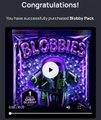 A promotional graphic with the text 'Congratulations. You have successfully purchased Blobbie Perk' showing a digital NFT character named 'BLOBBIES'.