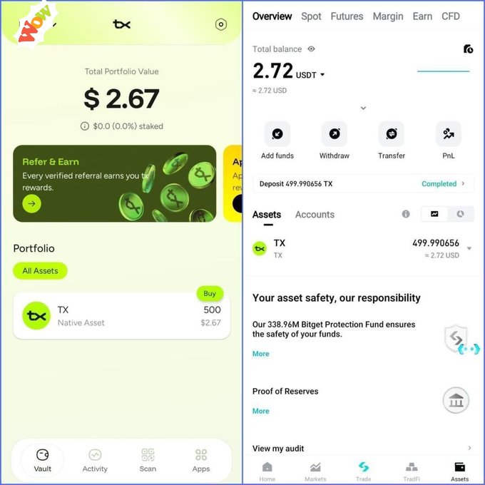 Side-by-side mobile app screenshots: left shows a portfolio app with TX token holding valued at $2.67 and a 'Refer & Earn' promo; right shows an exchange overview with a 2.72 USDT total balance.