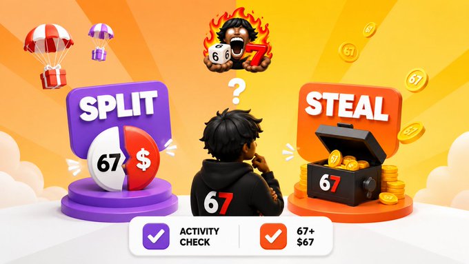 A colorful 3D graphic advertises a game with 'SPLIT' and 'STEAL' options, featuring a beach ball with '67$' and a treasure chest marked '67', along with 'ACTIVITY CHECK' and '67+ $67' labels.