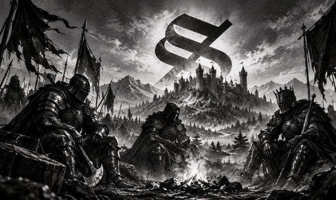 A black-and-white image depicts three armored knights gathered around a campfire before a distant castle, with a stylized "S" logo hovering in the sky above it, evoking a medieval fantasy theme that symbolizes The Kage's role in expanding the Solana empire through business development and recruitment.