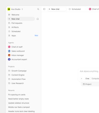The image shows the redesigned interface of Alpaca Studio, featuring a left sidebar with navigation options including "New chat," "Pull requests," "Artifacts," "Scheduled," and "Apps," along with sections for Agents (Chief of staff, Sales outbound, Inbox manager, Accountant expert), Projects (Growth Campaign, Content Engine, Automation Flow, User Research), and a "Recents" list showing items like "Fix spacing on cards" and "Need better empty state." The main content area contains a "New chat" button and an "Ask alpaca anything..." input field with options for Chat, Computing, and Project. This redesign appears to enhance user experience by organizing tools, agents, and recent projects more intuitively for managing AI-powered workflows.