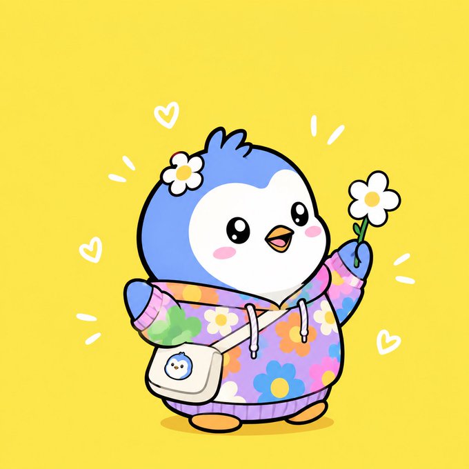 A cute cartoon blue penguin with a flower on its head, wearing a floral hoodie and crossbody bag, holding a daisy against a bright yellow background with floating hearts.