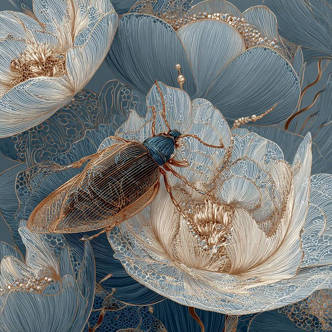 The image features a close-up view of a small insect, possibly a ladybug or a bee, resting on a flower with white petals. The background of the image is blue, which contrasts nicely with the white flowers and the dark color of the insect. The image also includes text that reads "MY BESTIARY NEW DROP!! THE INVISIBLE SHADOW Little bug, where are you hiding? Tiny shadow making your way through the dust of our dreams, unnoticed and unseen by anyone. And yet you are there, dwelling in the silence of our all-too-noisy lives."