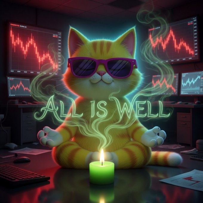 The image features a cartoon cat sitting cross-legged with its paws crossed, wearing sunglasses and holding a candle. The cat's eyes are closed, suggesting a sense of calm or relaxation. In the background, there are computer monitors displaying stock charts, indicating that this scene takes place in an office setting where people work on computers and analyze financial data. The caption "All is well" implies that despite the chaotic nature of the stock market depicted by the monitors, everything seems to be under control for the cat.

The image combines elements of a cartoon character with real-life scenarios, creating a unique blend of humor and realism.