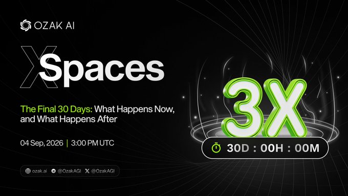 OZAK AI’s X Spaces announcement, “The Final 30 Days: What Happens Now, and What Happens After,” is scheduled for Sep 4, 2026, at 3:00 PM UTC. The graphic highlights “3X” and a final 30-day presale countdown, tying into the closing of The 888 Fortune Campaign.