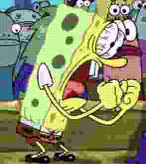 A wide-eyed, shocked-looking SpongeBob SquarePants character stands with arms bent in a panicked pose.