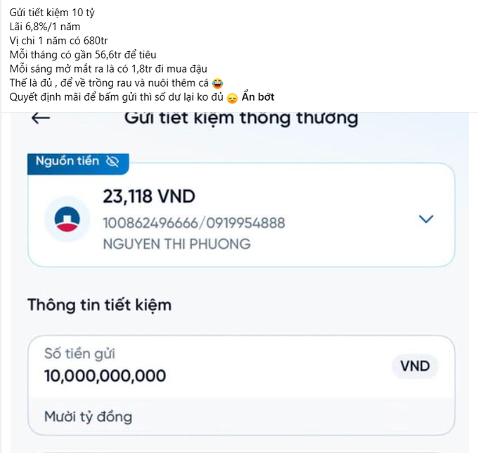 A Vietnamese savings deposit screenshot showing 10 billion VND at 6.8% annual interest, with a caption discussing the monthly expenses of 56.6 million VND and weekend spending of 1.8 million VND.