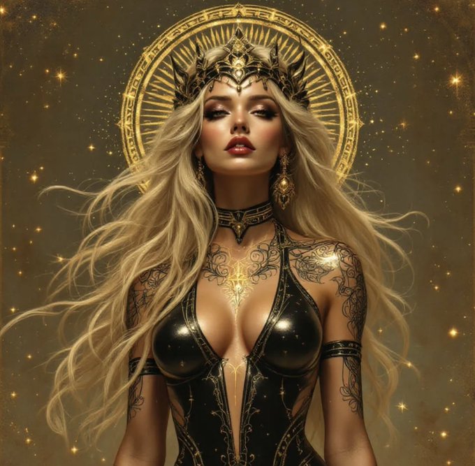 The image depicts a regal, ethereal woman adorned in ornate gold and black attire with intricate tattoos, a flowing crown, and a radiant golden halo set against a starry cosmic backdrop—evoking a goddess-like figure symbolizing enlightenment and truth. This aligns with the post's theme of awakening from an "age of darkness" into a decentralized, truth-driven reality, suggesting a divine or transcendent force guiding humanity toward enlightenment and free information.