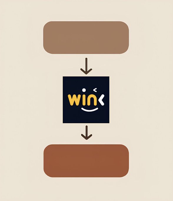A simple flowchart with two brown boxes connected by arrows to a central dark square that displays a winking smiley face and the word 'win' in yellow letters.