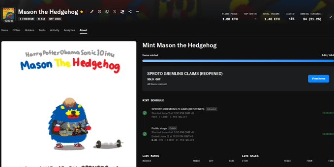 A screenshot of a cryptocurrency NFT minting page titled 'Mint Mason the Hedgehog,' with text referencing 'Harry Potter Obama Sonic 10 Inu' and a sold-out 'SPROTO GREMLINS CLAIMS (REOPENED)' mint.