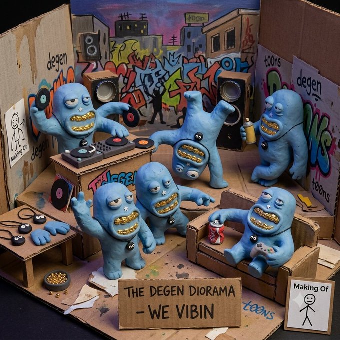 A cardboard diorama titled "THE DEGEN DIORAMA - WE VIBIN'" features several blue clay figures with gold teeth DJing, breakdancing, chilling on a couch with snacks, and holding spray paint, all set against a graffiti-covered urban backdrop with speakers and turntables, perfectly illustrating the post's humorous depiction of degen squad vibes during an extended music session.