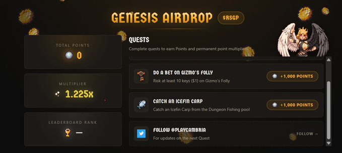 A promotional graphic for the "GENESIS AIRDROP" featuring a pixel-art angel character, displaying a user's dashboard with 0 total points, a 1.225x multiplier, and available quests like "Do a Bet on Gizmo's Folly" (+1,000 points), "Catch an Icefin Carp" (+1,000 points), and following @PlayCambria. The image showcases the airdrop interface being promoted in the post, highlighting the point-earning opportunities available to new players on PlayCambria.