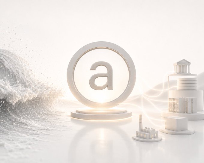 A 3D render featuring a circular emblem with the letter 'a' on a podium, surrounded by white architectural models and water elements in a minimalist setting.