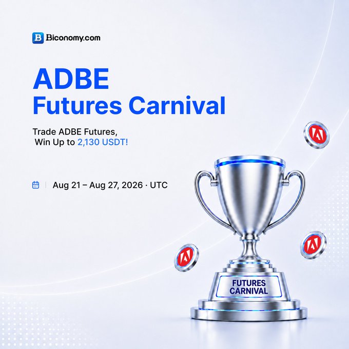 A promotional banner for 'ADBE Futures Carnival' on Biconomy.com, a trading contest from Aug 21 – Aug 27, 2026 offering up to 2,130 USDT in prizes, featuring a silver trophy.