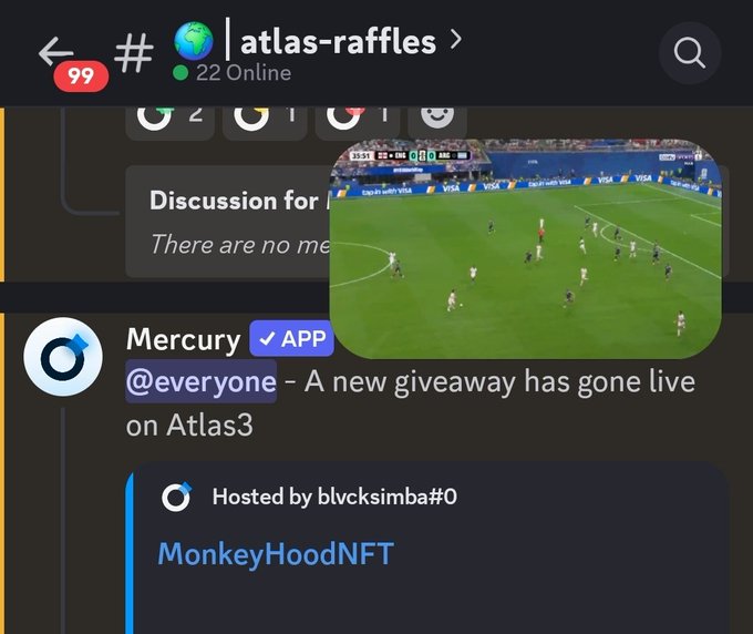 A screenshot of a Discord channel named "#atlas-raffles" shows a message from the Mercury app announcing a new giveaway on Atlas3, hosted by blvcksimba#0 for MonkeyHoodNFT. The image captures the excitement of a successful giveaway collaboration mentioned in the post.