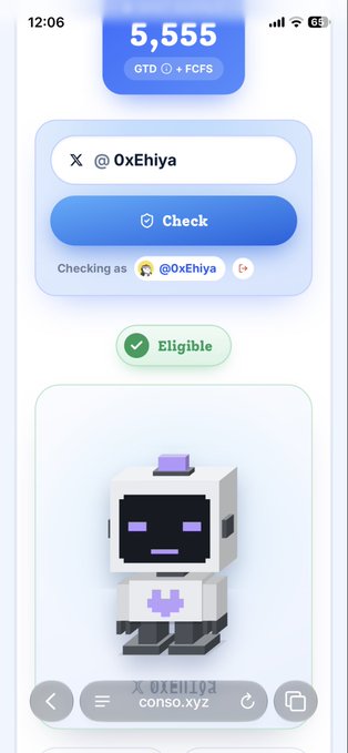 Mobile app screenshot showing 5,555 GTD + FCFS points with a Twitter/X handle @0xEhiya checked as 'Eligible', featuring a pixel art robot avatar on conso.xyz.