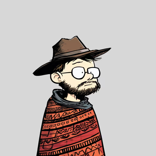 A cartoon illustration of a bearded man wearing glasses, a brown fedora hat, and a red patterned poncho or sweater against a gray background.