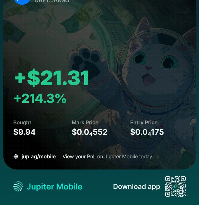 The image shows a poster for an app called @ Jupiter Mobile. The poster features a cartoon cat wearing a spacesuit with the text "Top of the morning Are you wining? I'm personally closely keeping an eye on the lilstars NFT collection on @monad to see if it makes any sudden pumps again, all in efforts to climb the @4uaicrypto leaderboard." The poster also includes a link to download the app.