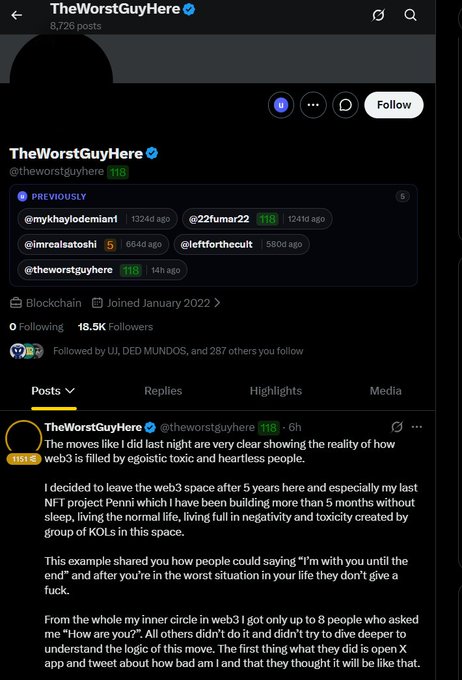 An X (Twitter) profile page for TheWorstGuyHere (@theworstguyhere) showing 118 badges, with a post discussing leaving web3 after 5 years due to toxicity around his NFT project Penni.
