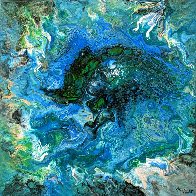 An abstract fluid art painting dominated by swirling blues, greens, and whites, signed 'M/2025' in the bottom right corner.