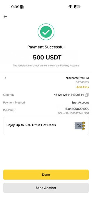 A Binance payment confirmation screen showing a successful transfer of **500 USDT** paid from a **Spot Account** using **5.045 SOL** (≈$99.11). The recipient's nickname is **Will-M (UID 905529585)**, matching the Binance UID mentioned in the post as proof of the $500 giveaway.