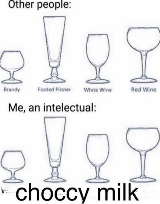 A meme showing various types of drinking glasses labeled for other people (Brandy, Footed Pilsner, White Wine, Red Wine) versus 'Me, an intelectual' [sic] who drinks 'choccy milk.'