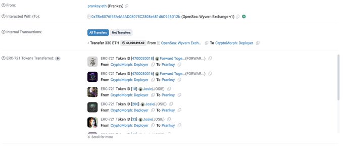 A blockchain transaction record shows "pranksy.eth (Pranksy)" purchasing 330 ETH worth $1,020,894.40 from "OpenSea: Wyvern Exchange v1" to "CryptoMorph: Deployer," alongside 5 visible ERC-721 token transfers (IDs 4700020011, 18, 204, 33, and one Forward Toge token) sent to Pranksy. The image supports the post's claim that Pranksy made a large 330 ETH bundle purchase of NFTs valued at approximately $1 million, with the transactions visible in the internal transfers log.