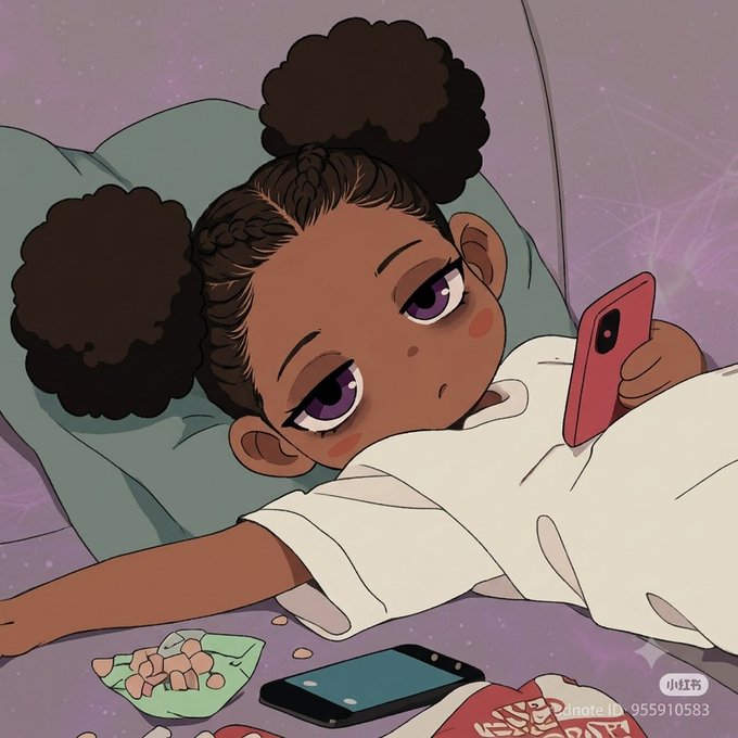 An anime-style illustration of a young Black girl with braided puffs and purple eyes lying in bed under a starry purple blanket, holding a red smartphone, with snacks and another phone on the bed (XiaoHongShu ID: 955910583).