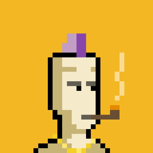 A pixel art character with a bald head, a small purple mohawk, wearing a gold earring and necklace, smoking a brown pipe with a yellow background.