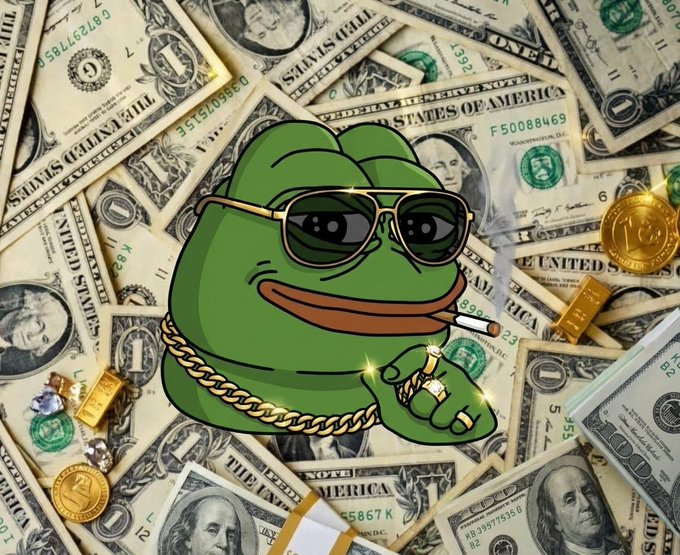 A Pepe the Frog meme wearing sunglasses and a gold chain, smoking a cigar while surrounded by scattered US dollar bills, gold coins, and diamond jewelry.