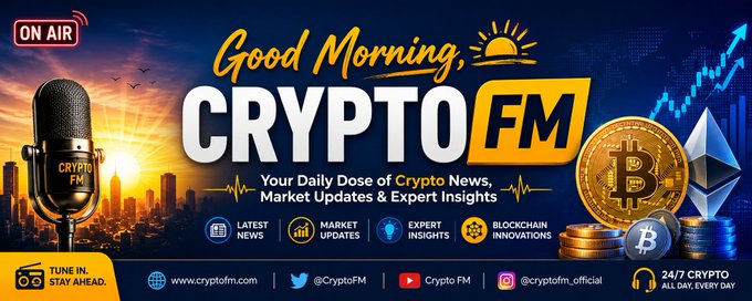 A promotional banner for 'Crypto FM' radio show described as 'Your Daily Dose of Crypto News, Market Updates & Expert Insights,' featuring microphone, Bitcoin, and Ethereum imagery.