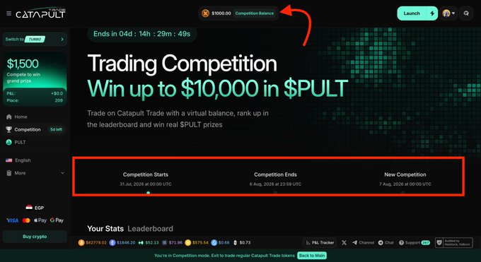 The image displays a Catapult Trading Competition webpage highlighting a free $10,000 $PULT prize pool, with the page noting the competition runs from July 31 to August 7, 2026, alongside details about the virtual balance leaderboard challenge described in the post.