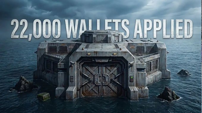 A sci-fi style fortress or bunker structure on water with large doors, overlaid with the text '22,000 WALLETS APPLIED'.