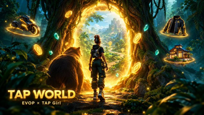 A promotional image for 'TAP WORLD' (EVOP x TAP Girl) features an illustrated scene of a person standing before a glowing golden portal in a forest, surrounded by a bear, coins, a motorcycle, a jacket, and a house.